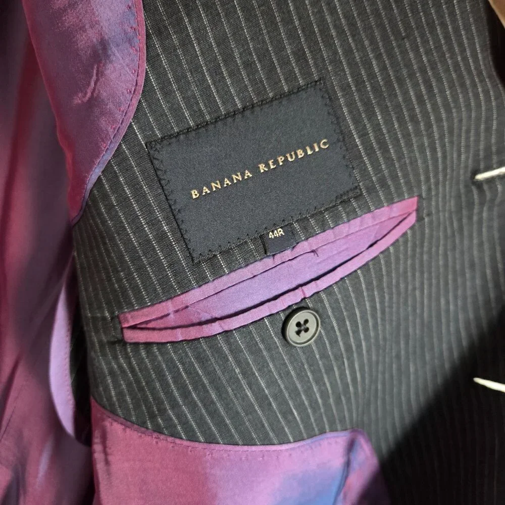 Banana Republic Vintage Y2K 100% Linen Pinstripe Blazer Black 44R Purple Lining